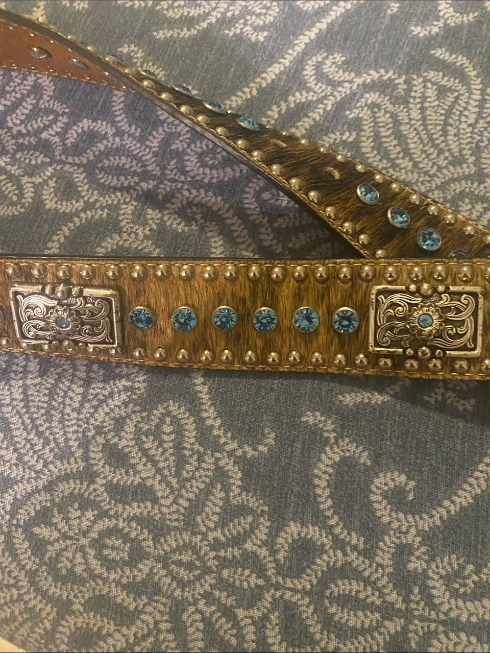 Nocona Hair On Hide Tooled Leather Belt Blue Rhinestone Boho Cowgirl Buckle Sz36